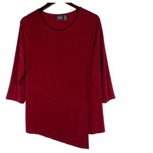 Chicos Travelers Sz 2 (Large 12 14) Top Shirt Tunic Red Liquid Knit Asymmetrical